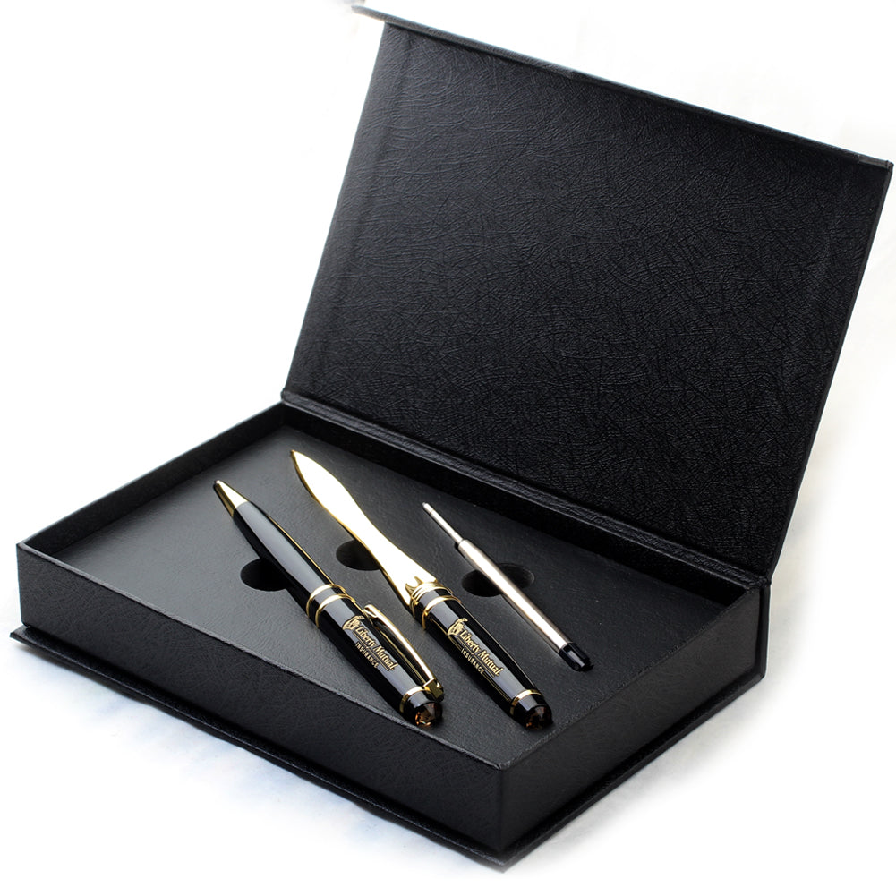 MLST002  SOTANIA LETTER OPENER PEN SET BLACK GOLD TRIM